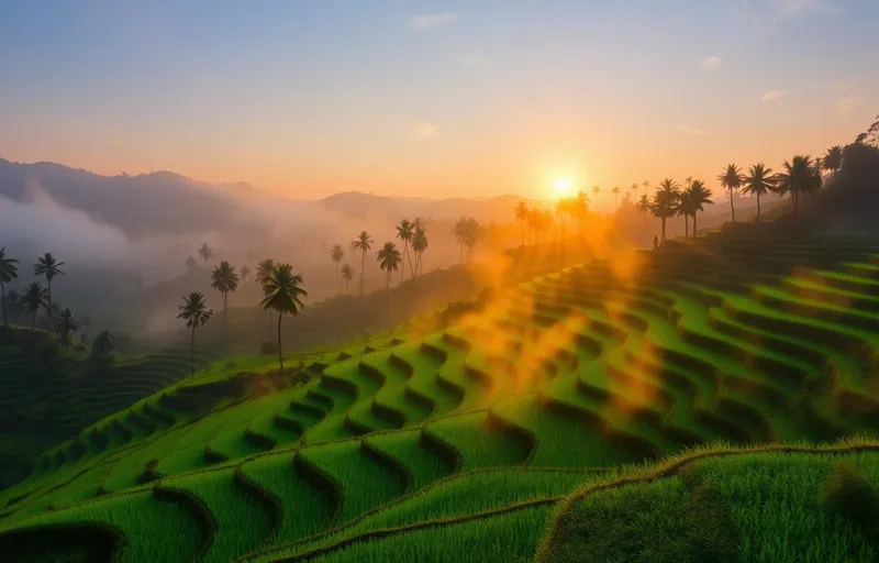 Sunlit Balinese rice terraces with a small warung in the foreground