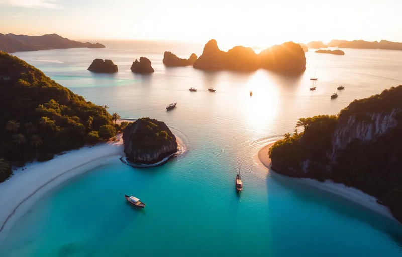 Aerial view of a Phuket beach with turquoise water and limestone islands
