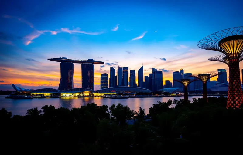 Marina Bay Singapore skyline at sunset with Supertree Grove