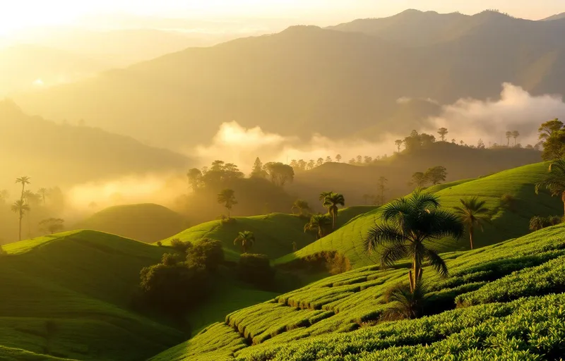 Misty Sri Lankan tea hills at sunrise