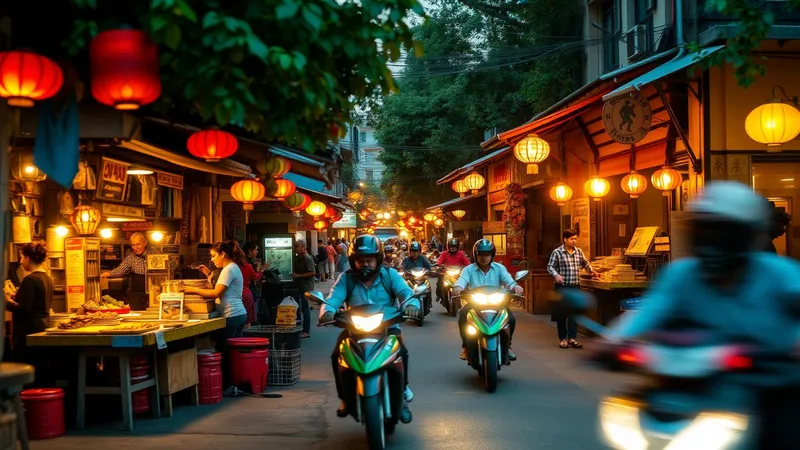 Hanoi old quarter street food stall with lanterns at dusk